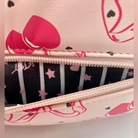 BETSEY JOHNSON Pink Bow LBCORAL Cherries Hearts Crossbody Purse with Pom Pom - Picture 5 of 9